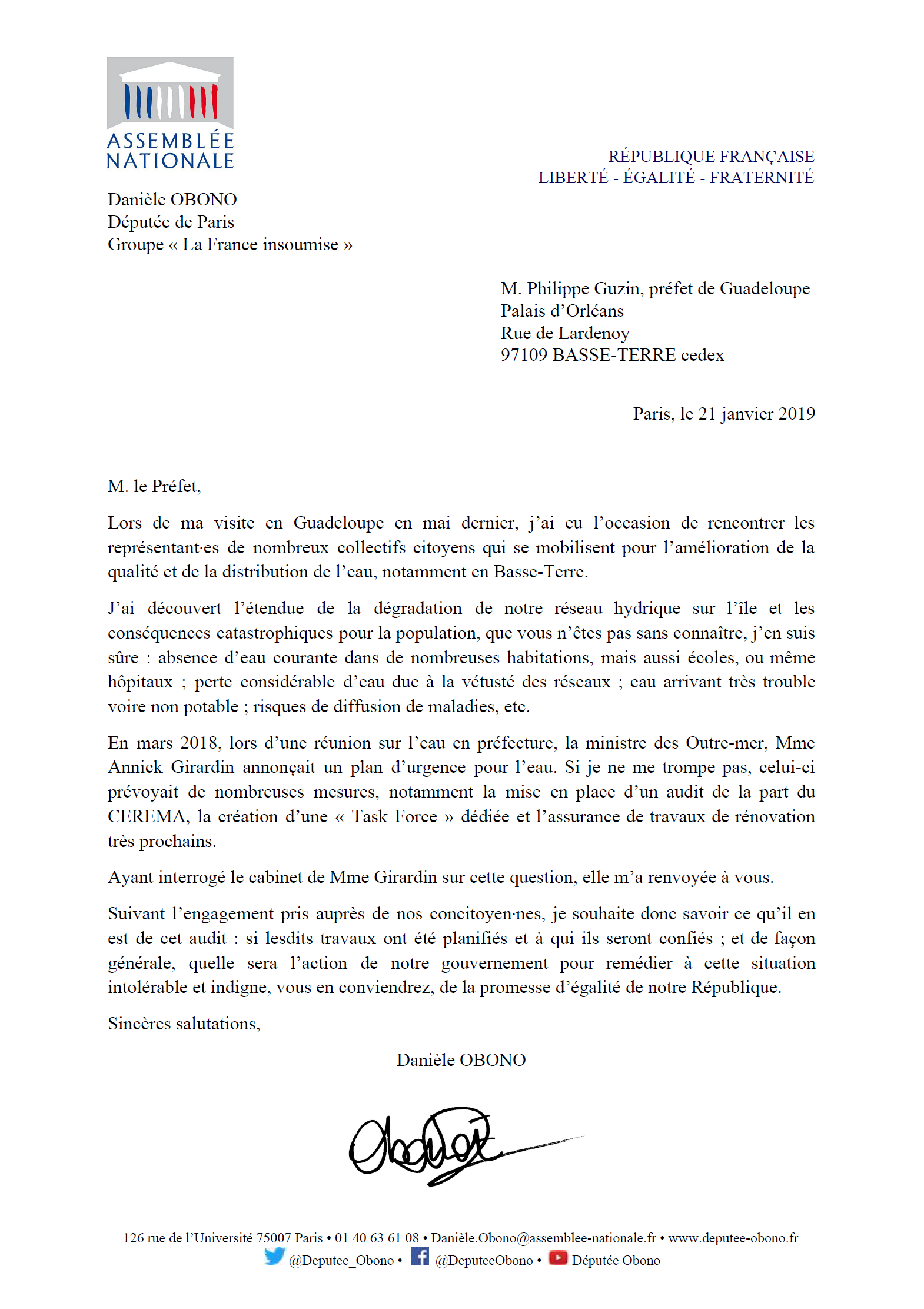 190121 Courrier prefet Guadeloupe eau