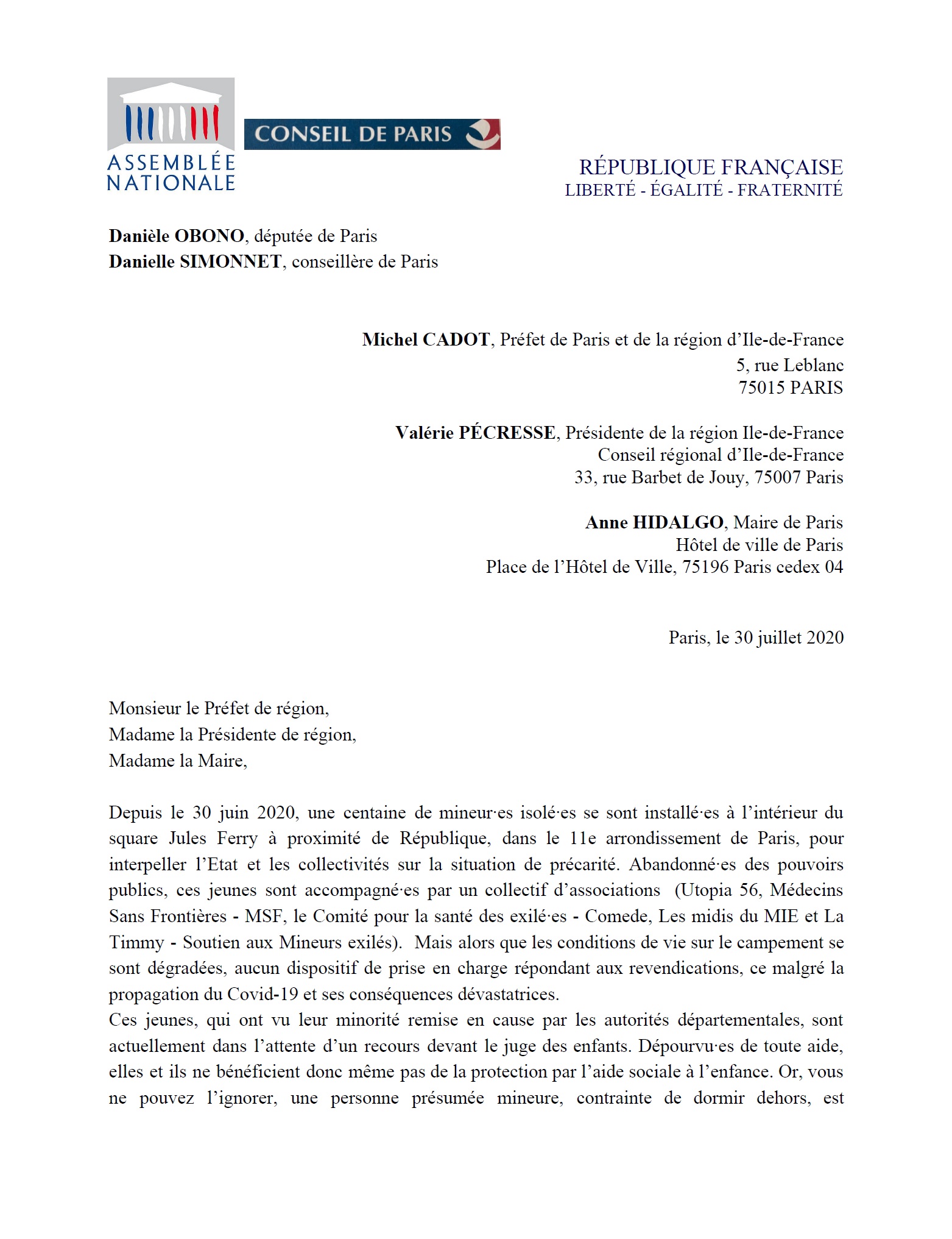 200730 Courrier pref région mairie sur campement mineur·es isolé·es Paris - Recto