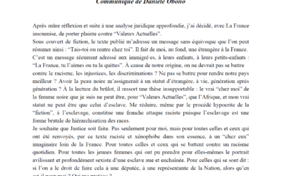 Communiqué – Racisme de “Valeurs actuelles” : Danièle Obono et LFI portent plainte