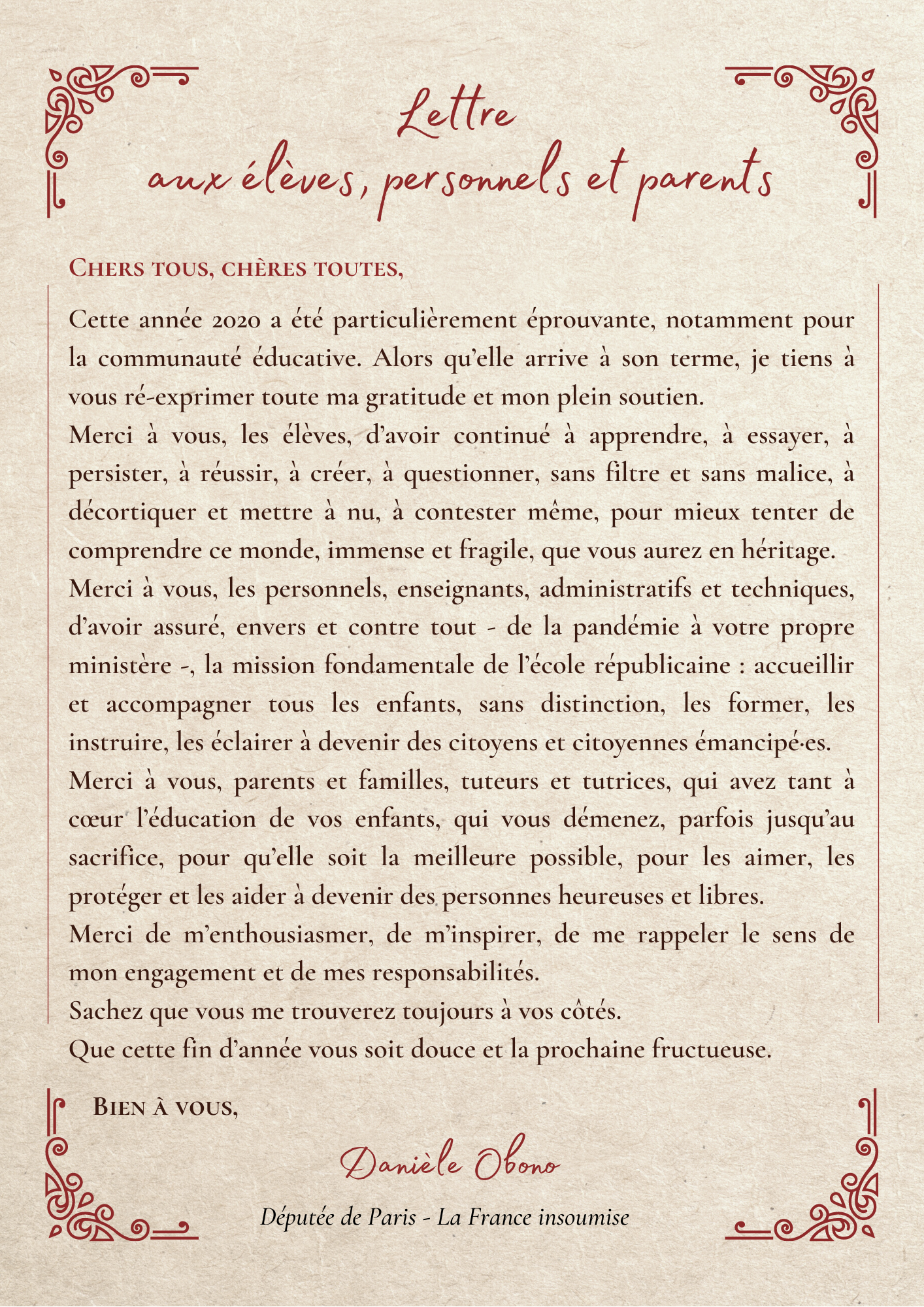 201214 Lettre a la communauté éducative v1