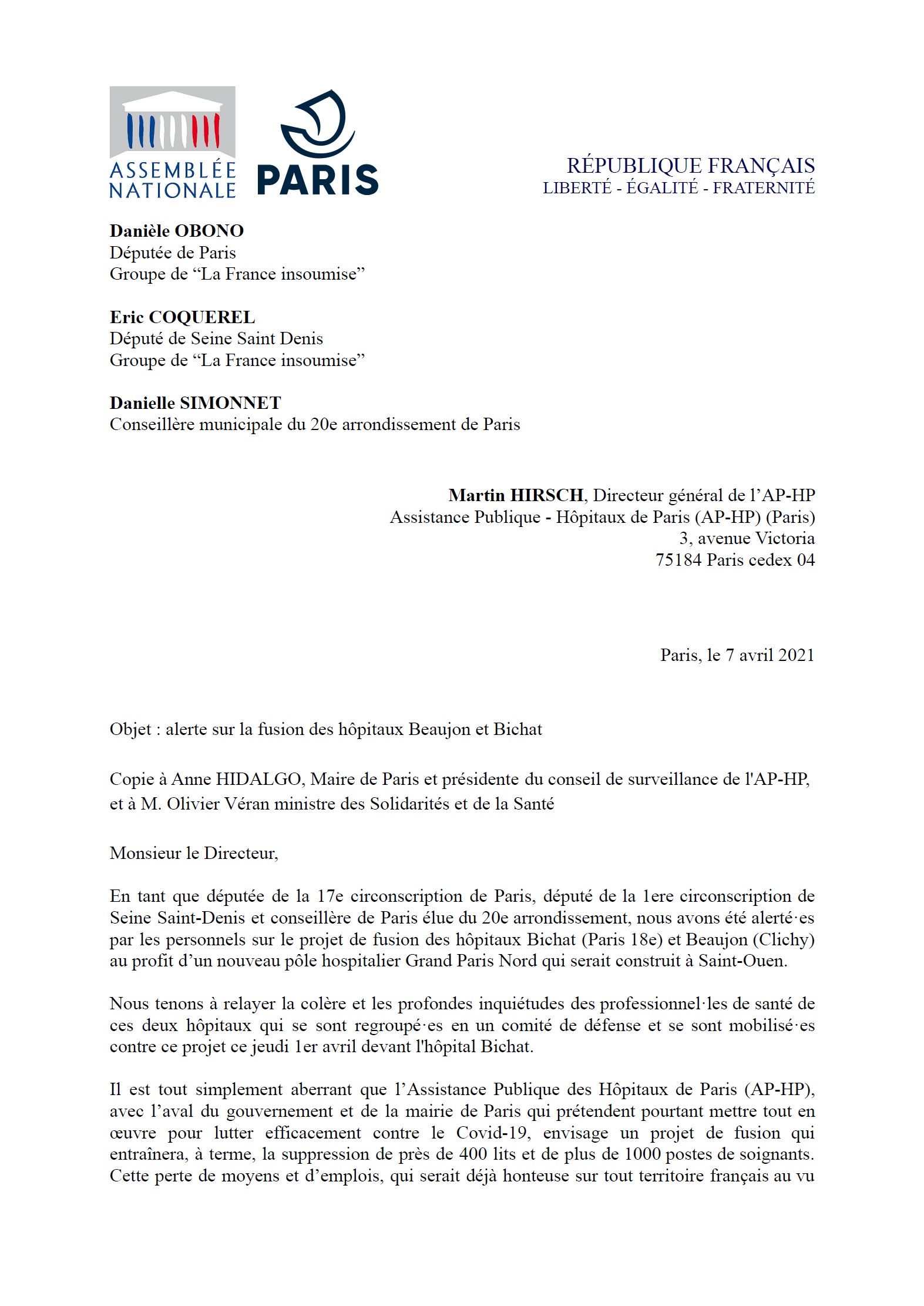 210407 Courrier Hirsch Bichat Beaujon recto