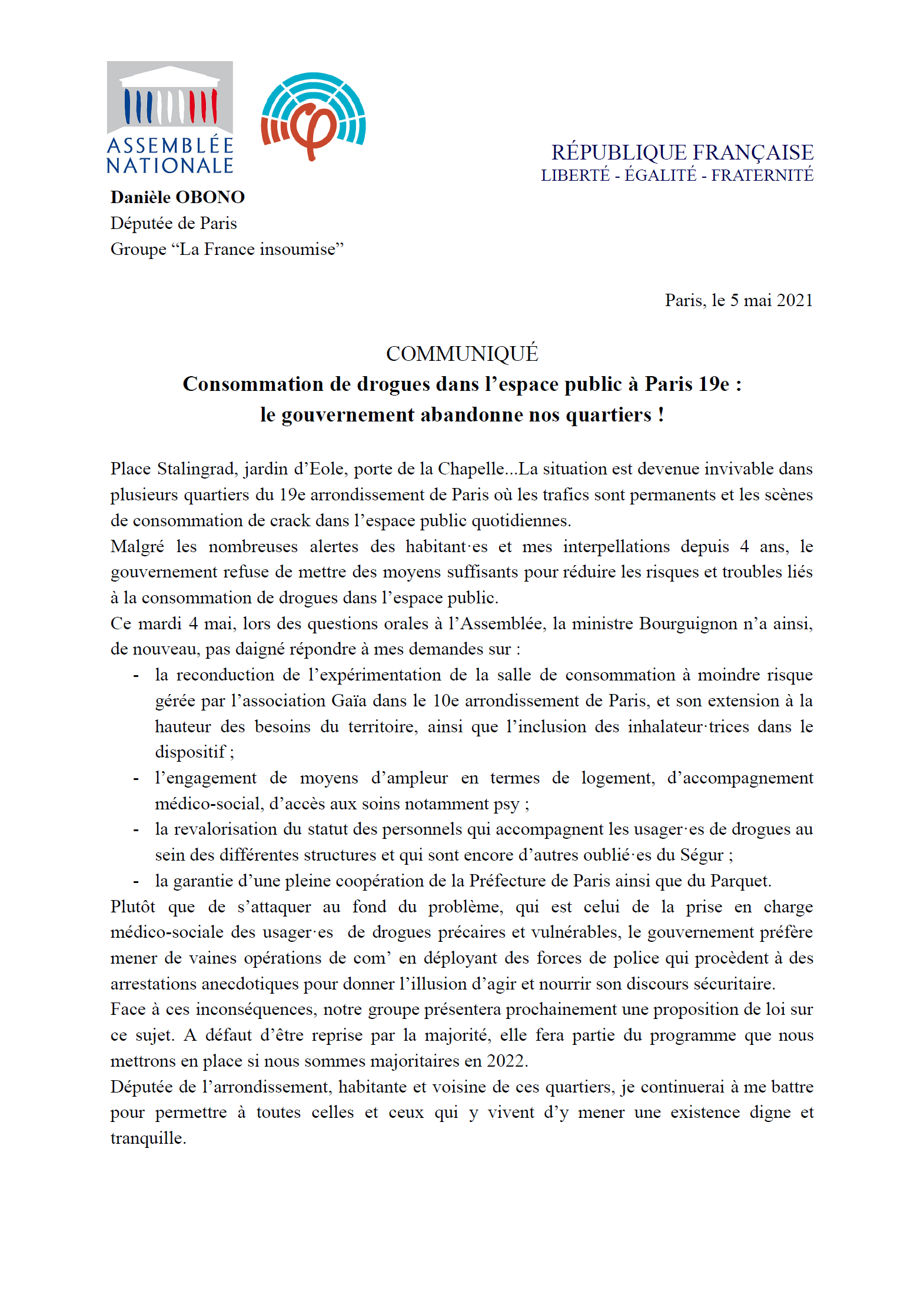 210505 Communiqué drogues quartiers Stalingrad & alii Paris 19e