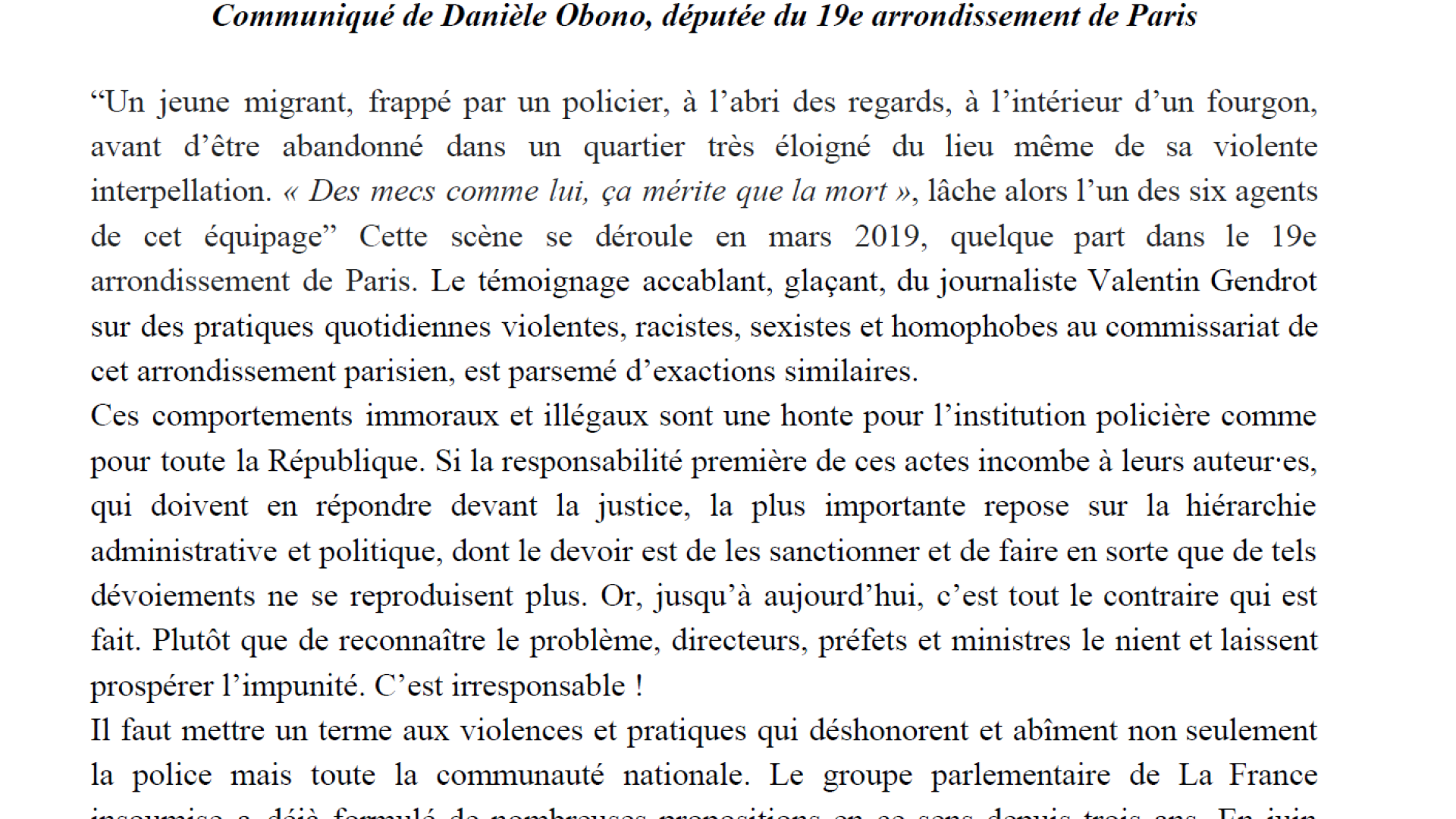 200904 Communiqué violences policeres Paris 19e